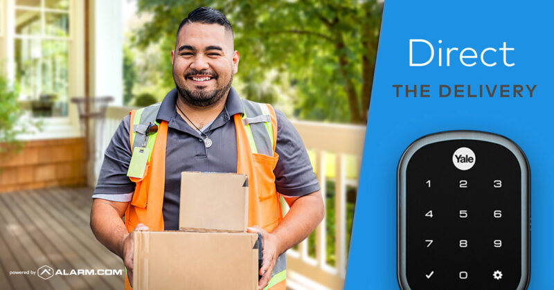 delivery man holding package standing on porch